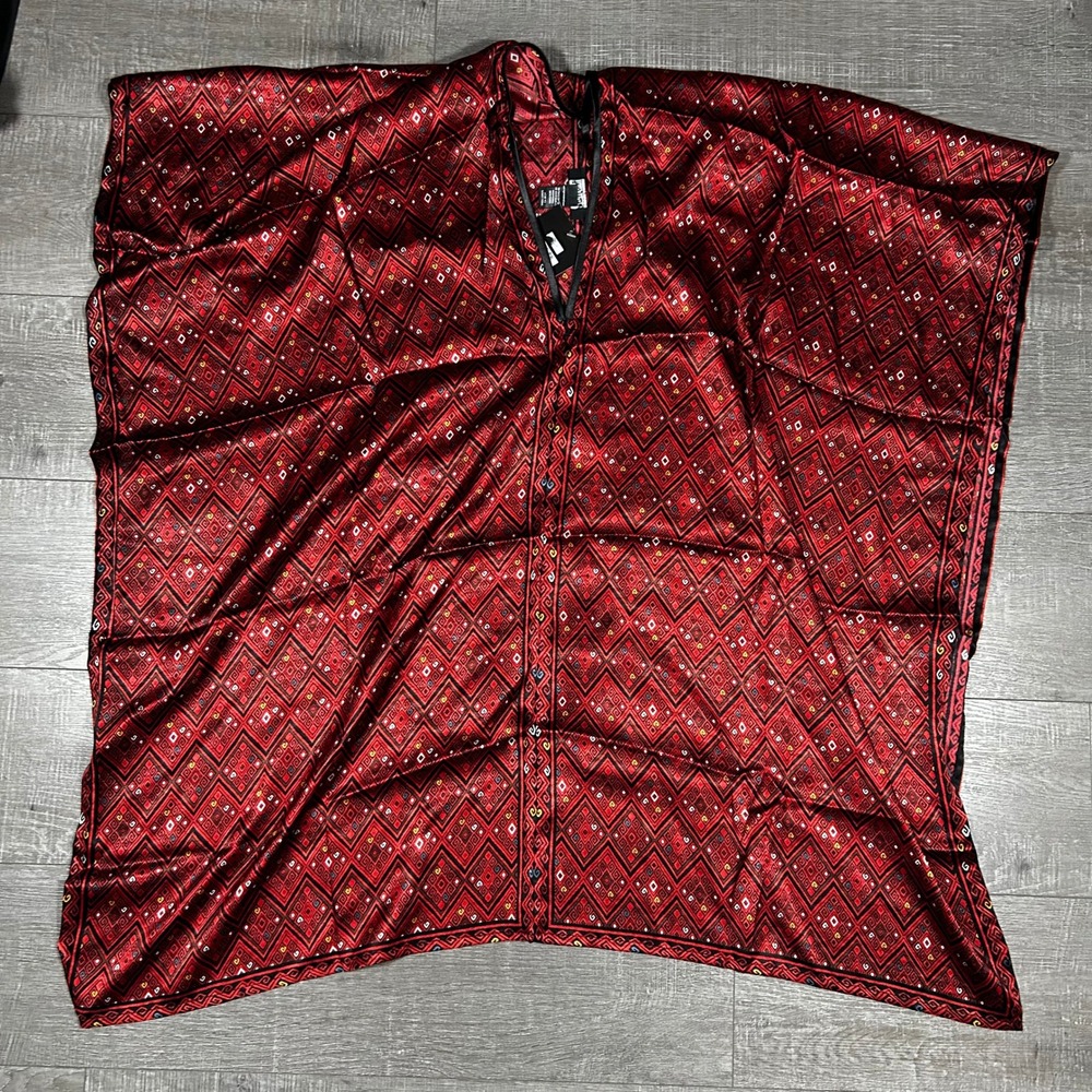 Pineda Covalin 100% Silk Poncho Red Black Tzotziles Mayan Design Mexico NWT OS
